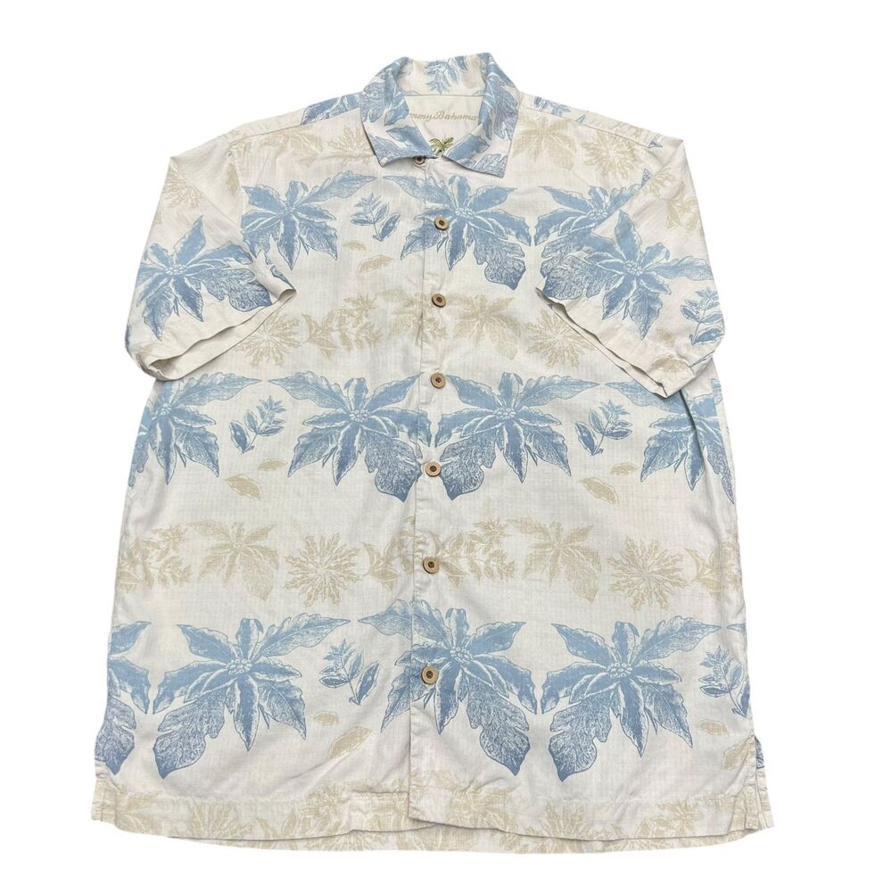 Tommy Bahama Shirt Mens S Blue Floral Button UP 100% Silk Wood Buttons